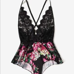 Black Lace Pink Floral Teddy 1 Pc Bodysuit Lingerie